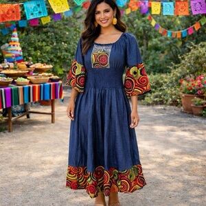 DENIM SMOCKED FIESTA MAXI DRESS SIZE LARGE LIGHTWEIGHT NWT POCKETS